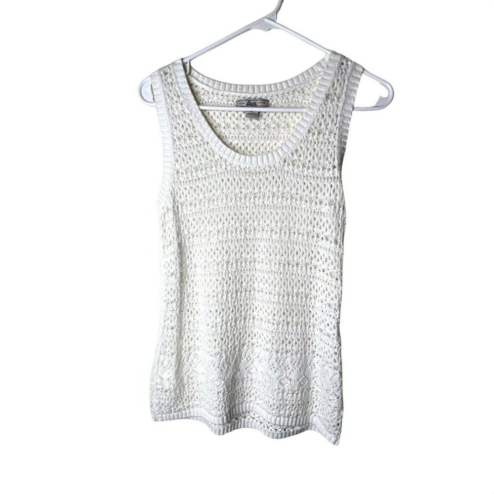 Bass womens sweater vest sz M white sleeveless crochet 100% cotton scoop neck